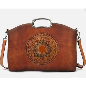 Retro Italian Leather Mandala Embossed Brown Purse Tote Bag with strap MSRP $299